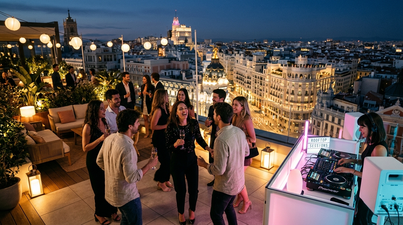 Fiesta privada en terraza de ático sobre el skyline de Madrid al atardecer